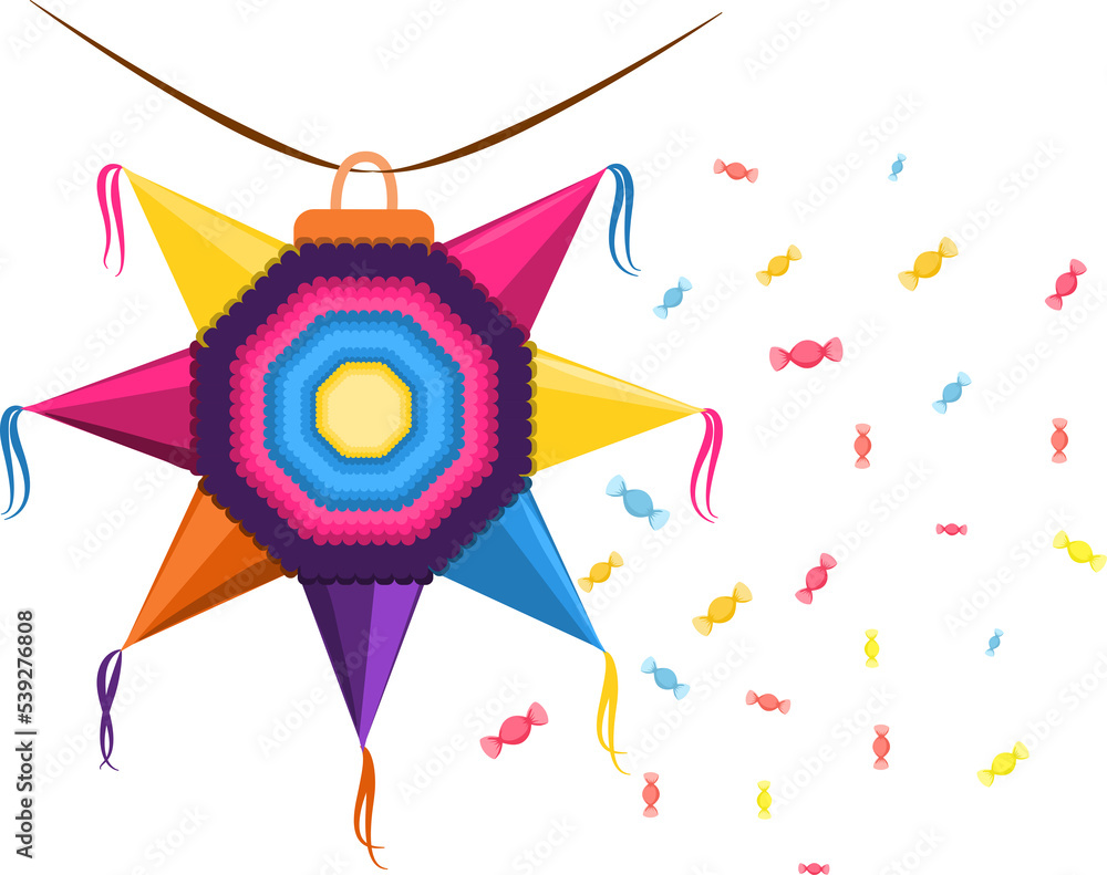Colorida piñata con muchos dulces cayendo. Tradición mexicana ...