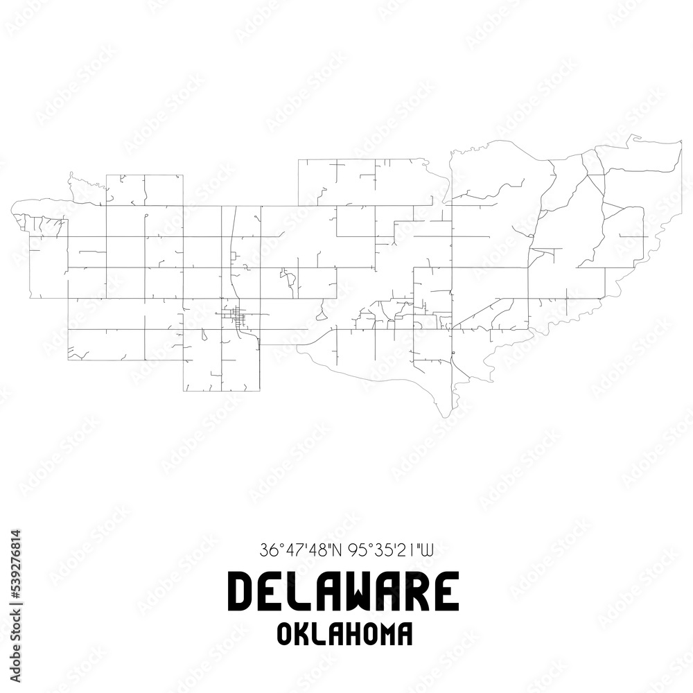 Delaware Oklahoma. US street map with black and white lines.