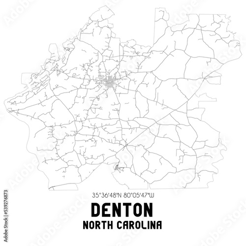 Denton North Carolina. US street map with black and white lines.