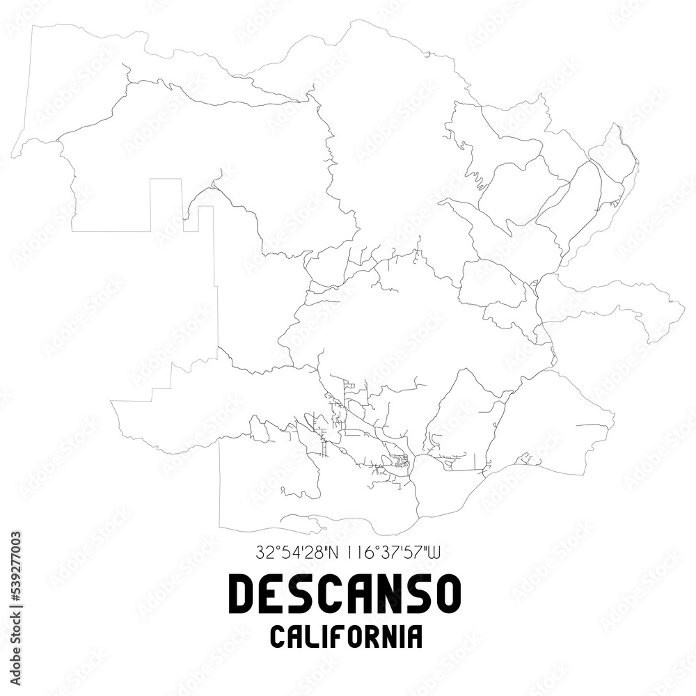 Descanso California. US street map with black and white lines.