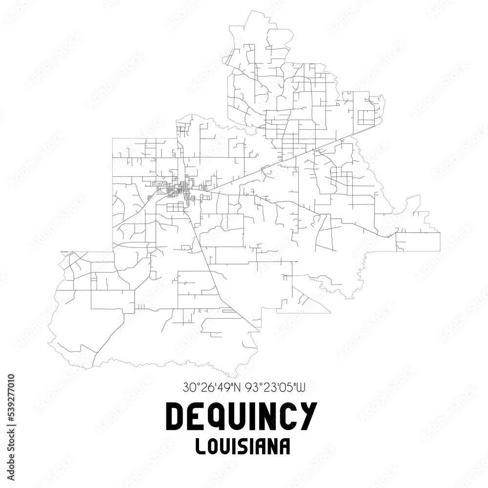 Dequincy Louisiana. US street map with black and white lines.