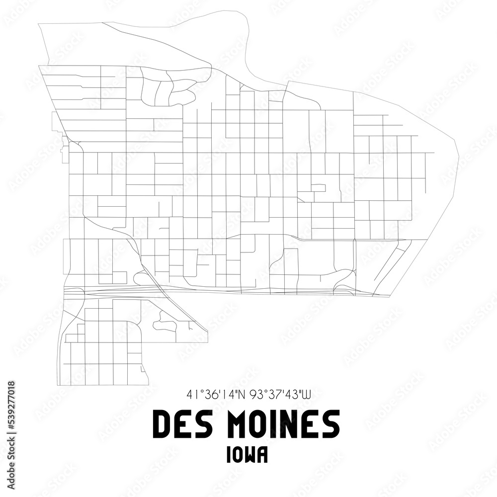 Des Moines Iowa. US street map with black and white lines.