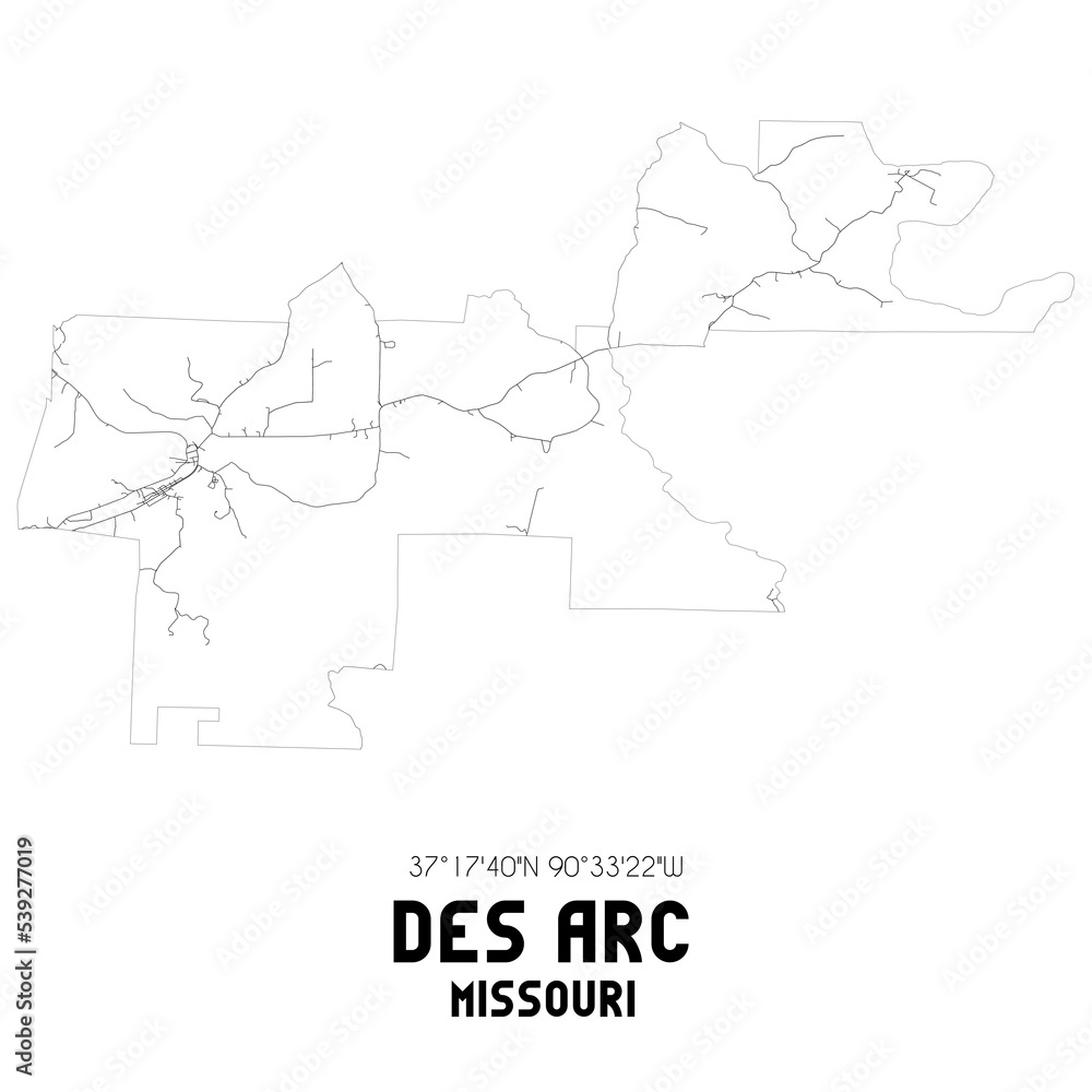 Des Arc Missouri. US street map with black and white lines.