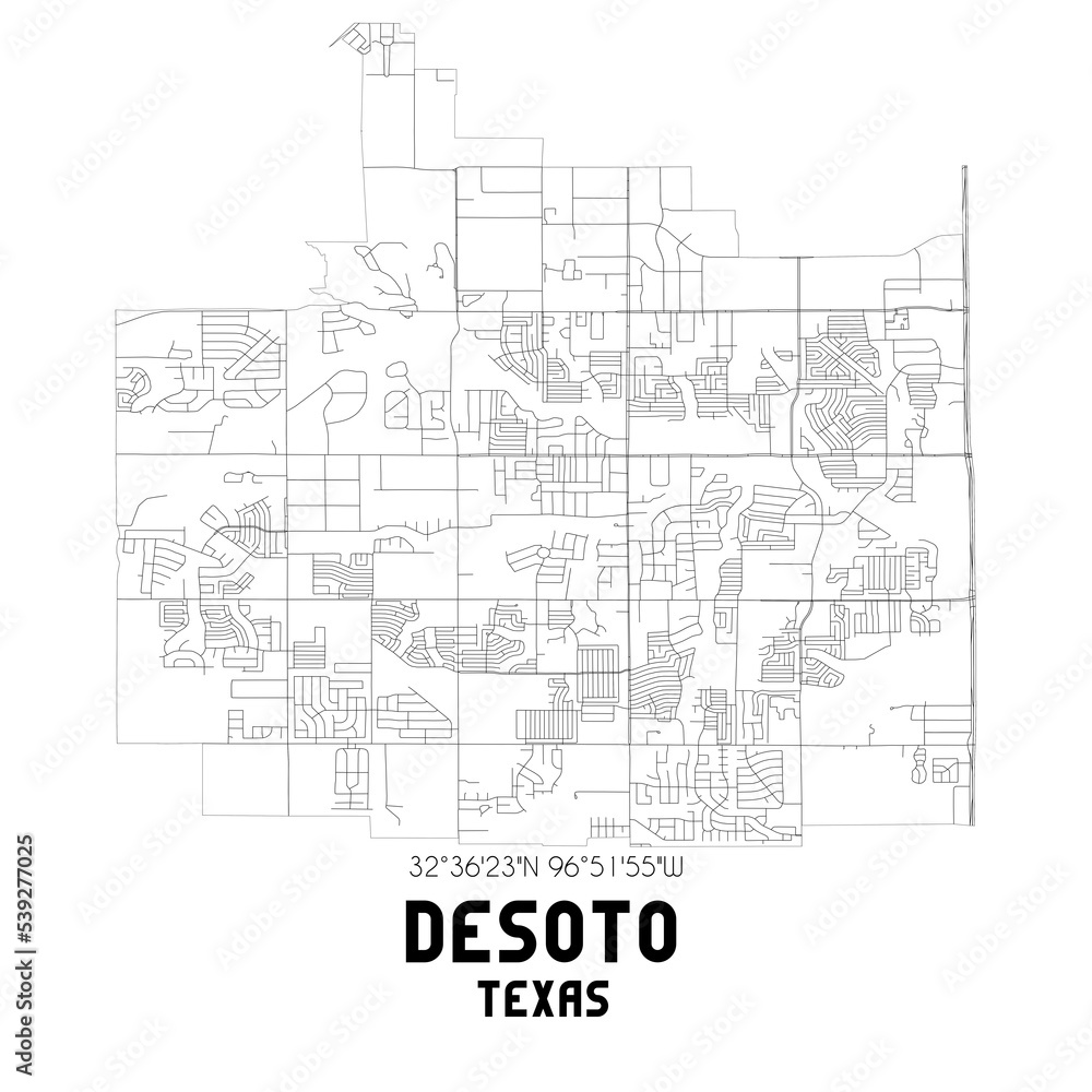 Desoto Texas. US street map with black and white lines.