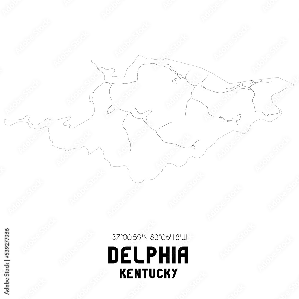 Delphia Kentucky. US street map with black and white lines.