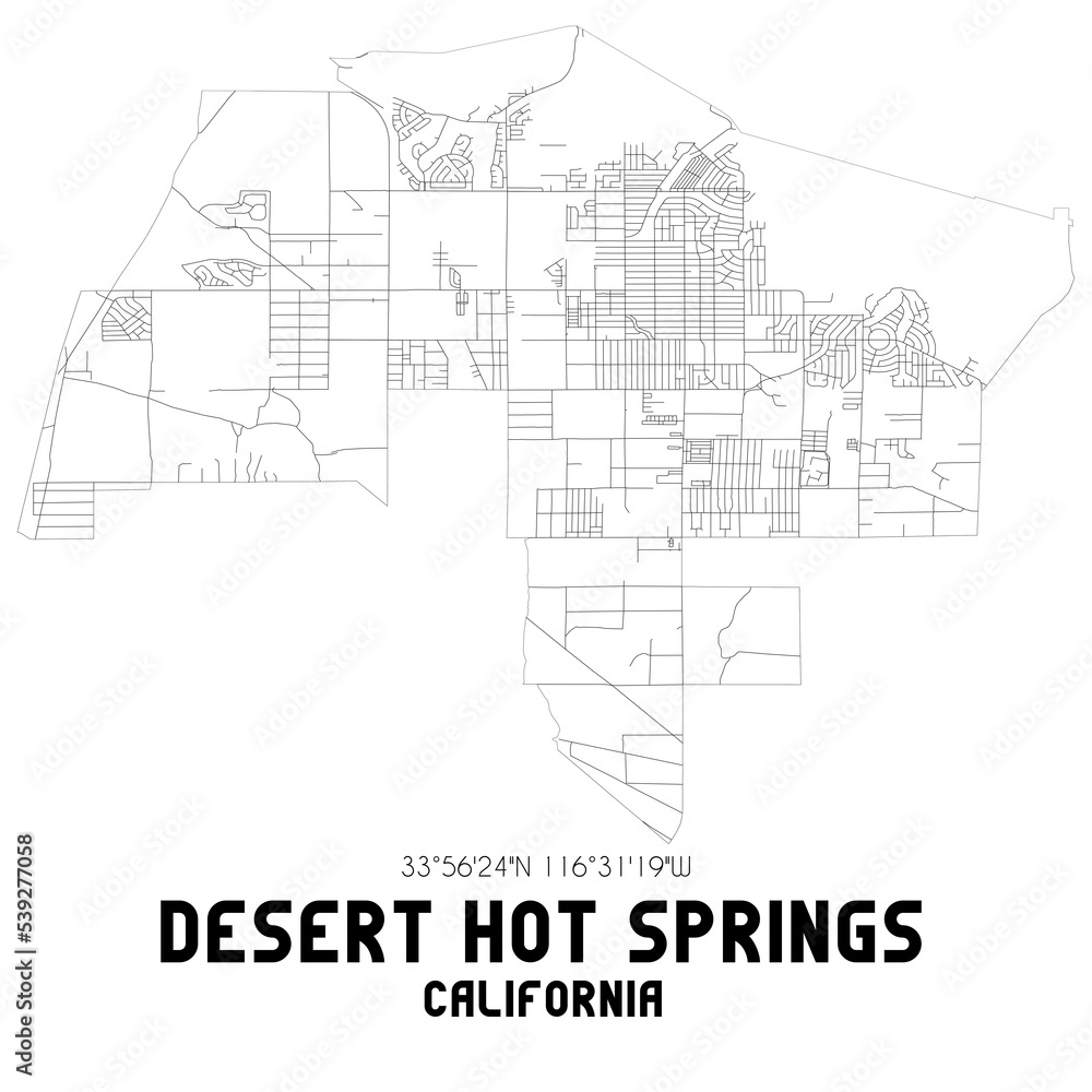 Desert Hot Springs California. US street map with black and white lines.
