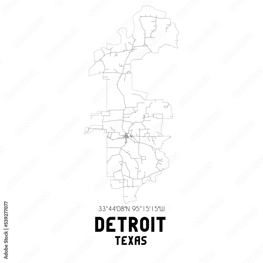 Detroit Texas. US street map with black and white lines.