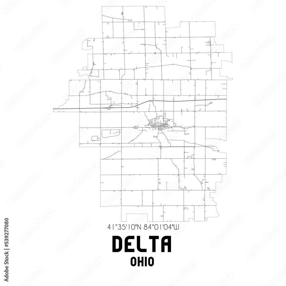 Delta Ohio. US street map with black and white lines.