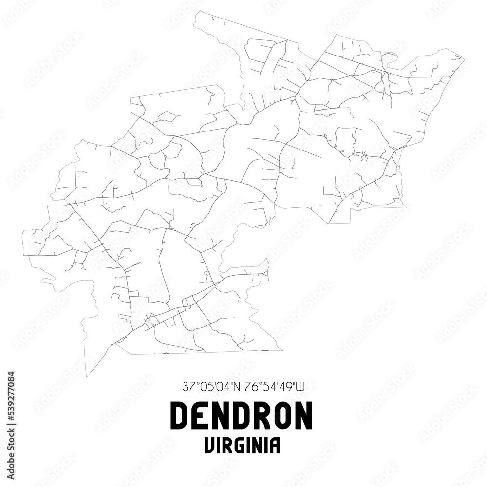 Dendron Virginia. US street map with black and white lines.
