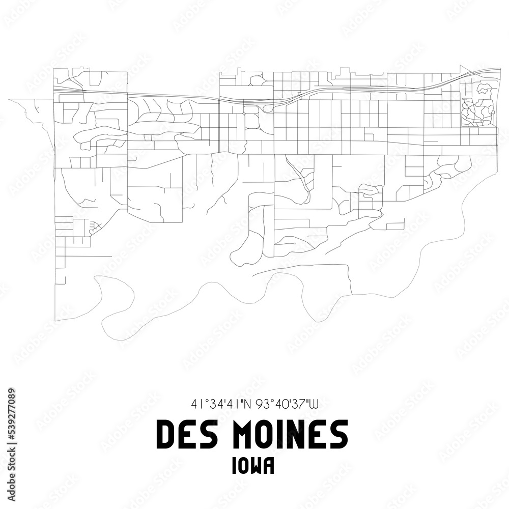 Des Moines Iowa. US street map with black and white lines.