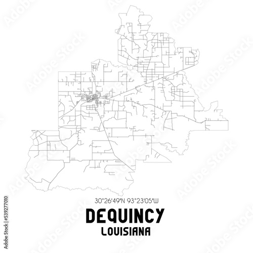 Dequincy Louisiana. US street map with black and white lines.