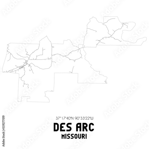 Des Arc Missouri. US street map with black and white lines.
