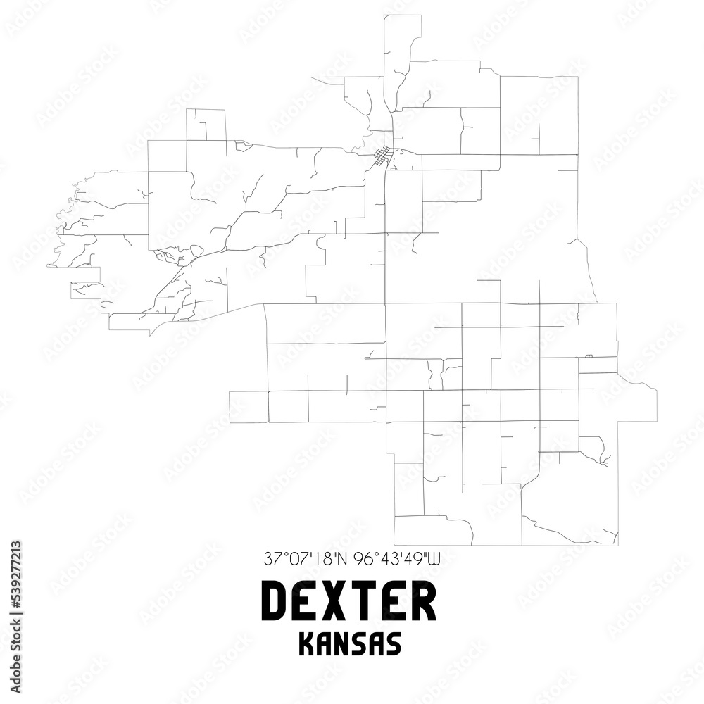 Dexter Kansas. US street map with black and white lines.
