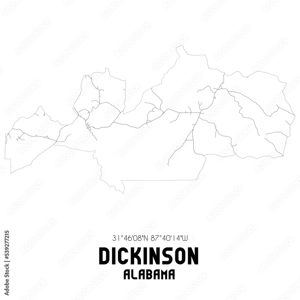Dickinson Alabama. US street map with black and white lines.