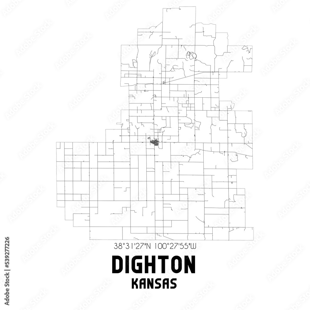 Dighton Kansas. US street map with black and white lines.