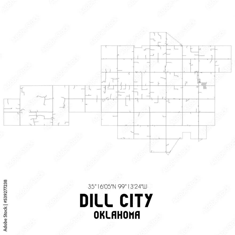 Dill City Oklahoma. US street map with black and white lines. Dill City Oklahoma. US street map with black and white lines.