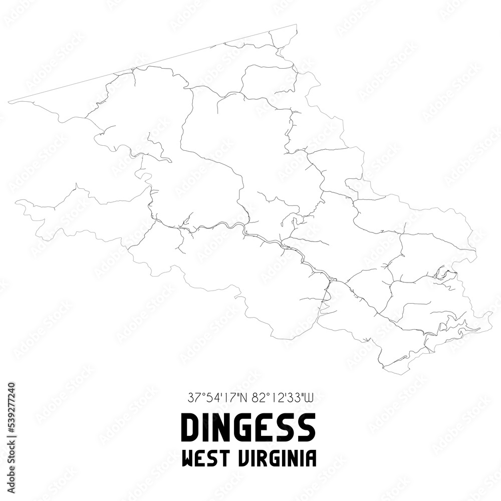 Dingess West Virginia. US street map with black and white lines.
