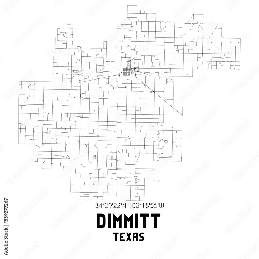 Dimmitt Texas. US street map with black and white lines.