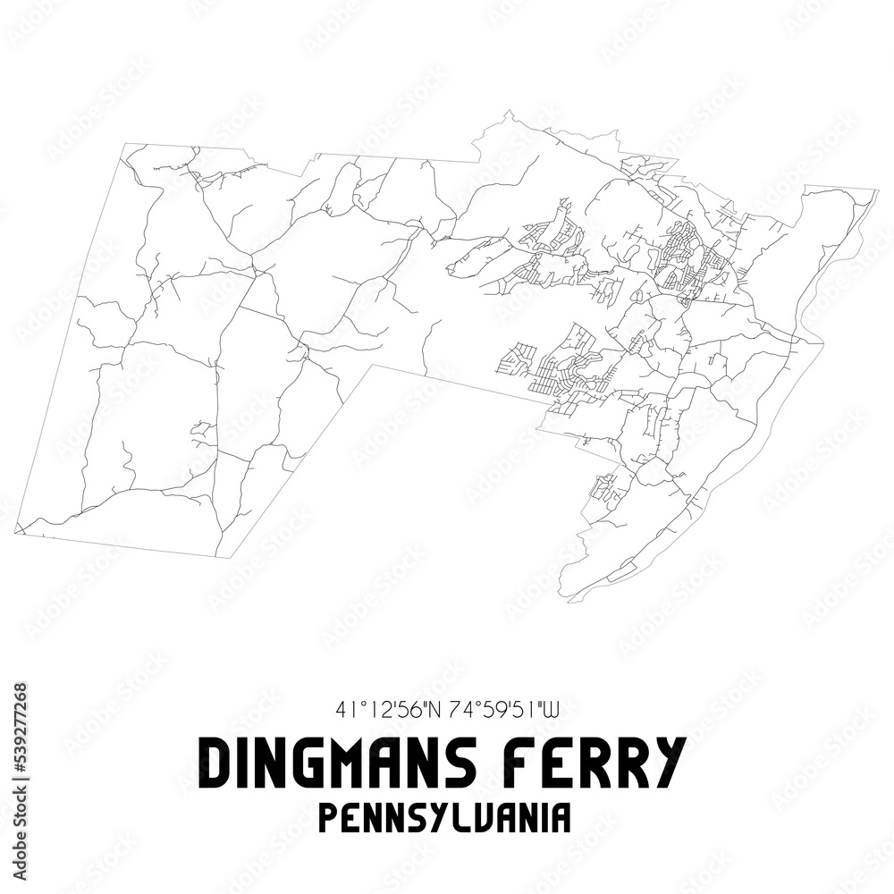 Dingmans Ferry Pennsylvania. US street map with black and white lines.