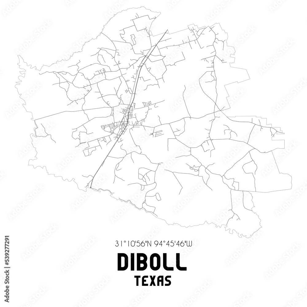 Diboll Texas. US street map with black and white lines.