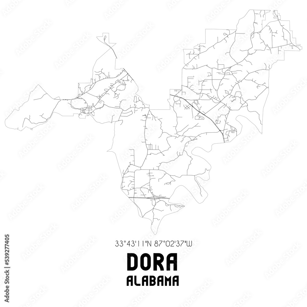 Dora Alabama. US street map with black and white lines.