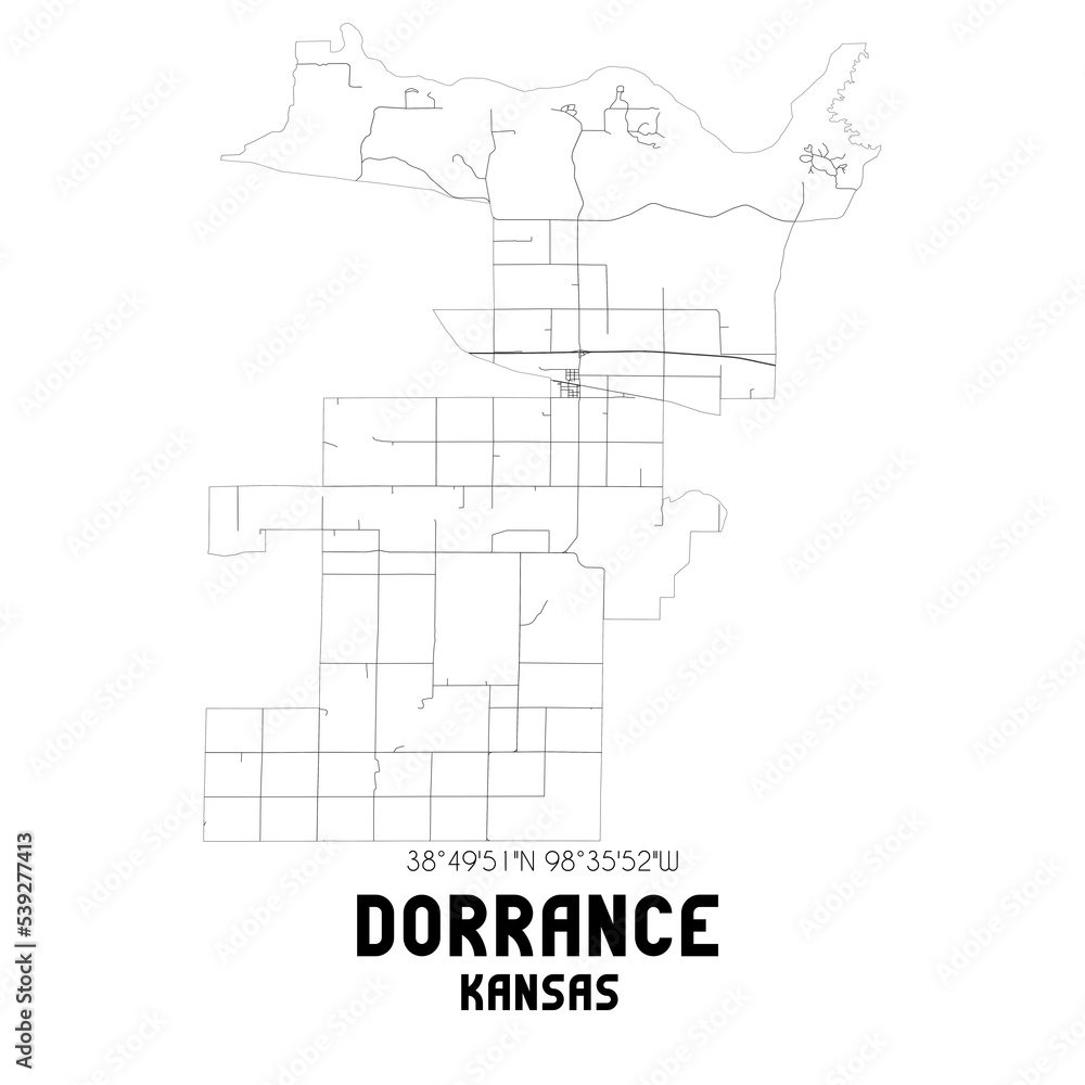 Dorrance Kansas. US street map with black and white lines.