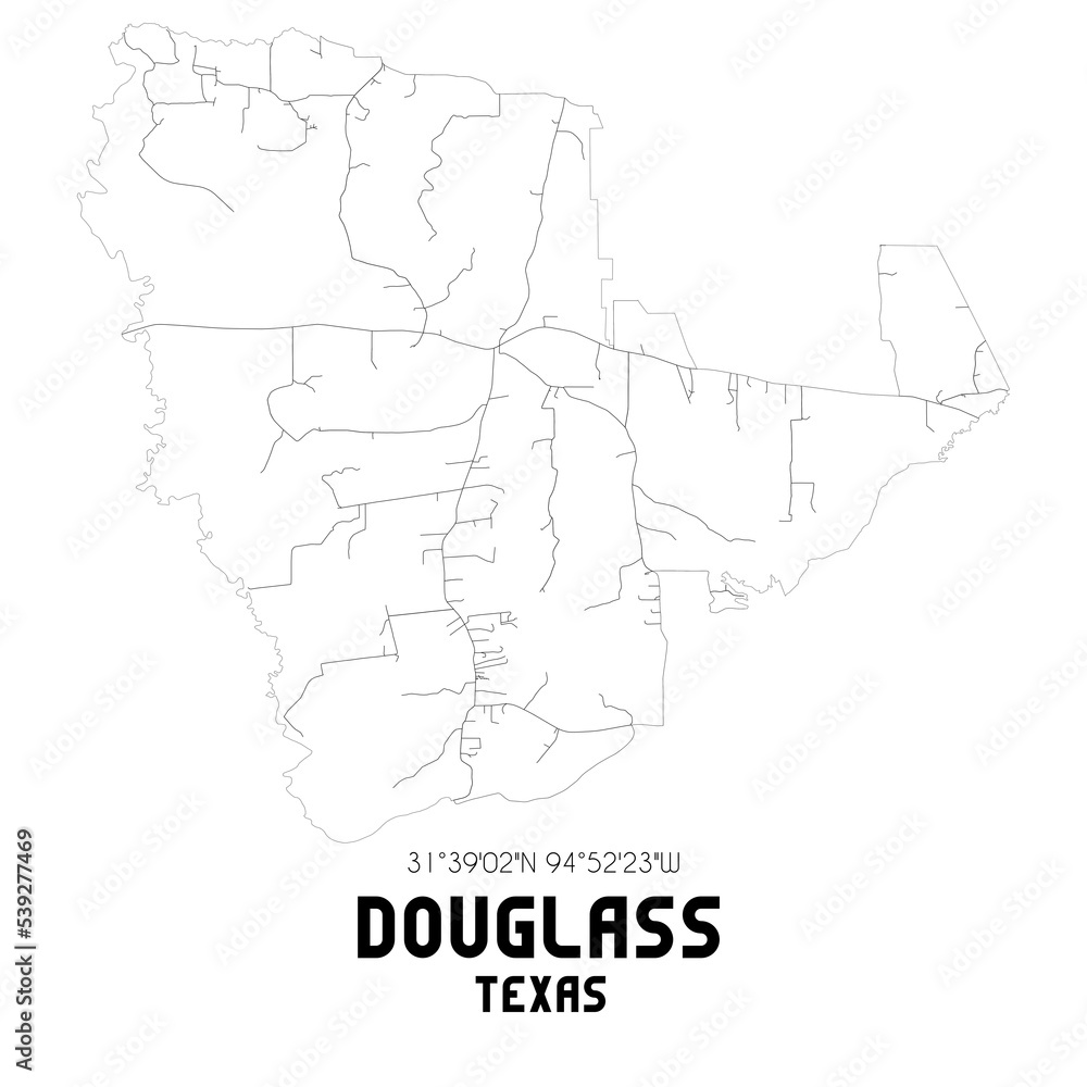 Douglass Texas. US street map with black and white lines.