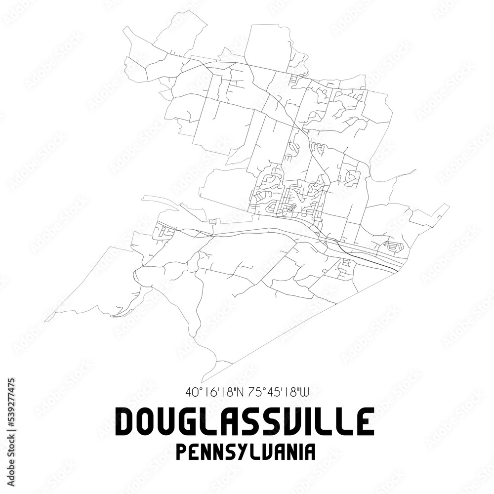 Douglassville Pennsylvania. US street map with black and white lines.