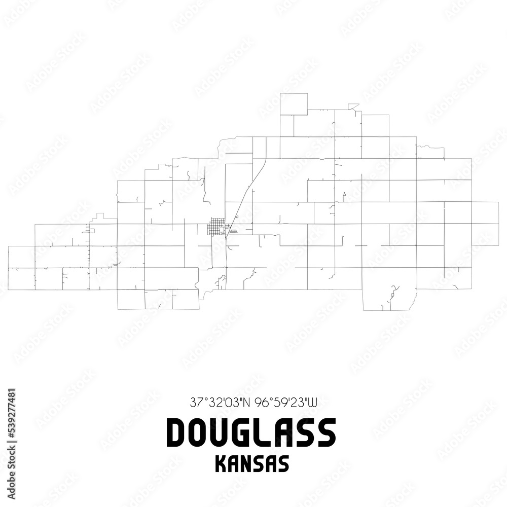 Douglass Kansas. US street map with black and white lines.