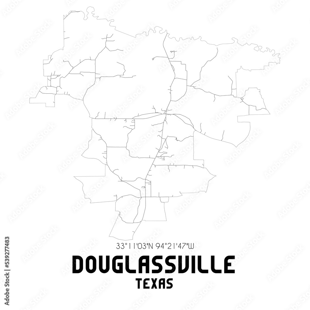 Douglassville Texas. US street map with black and white lines.