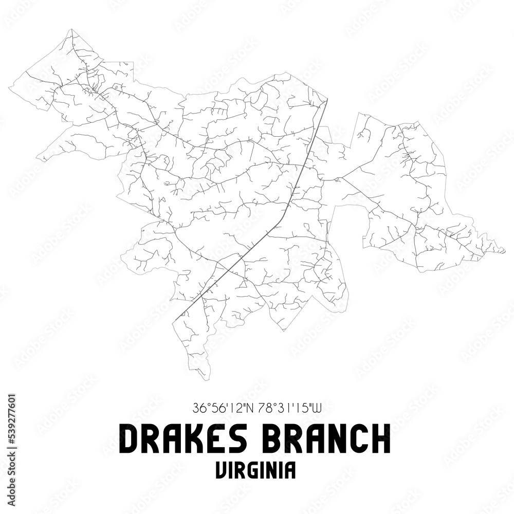 Drakes Branch Virginia. US street map with black and white lines.
