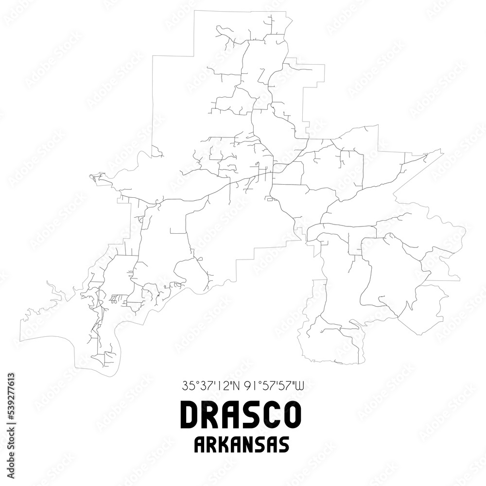 Drasco Arkansas. US street map with black and white lines.