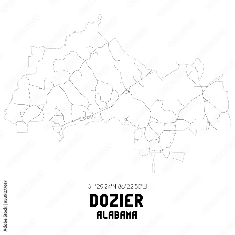 Dozier Alabama. US street map with black and white lines.