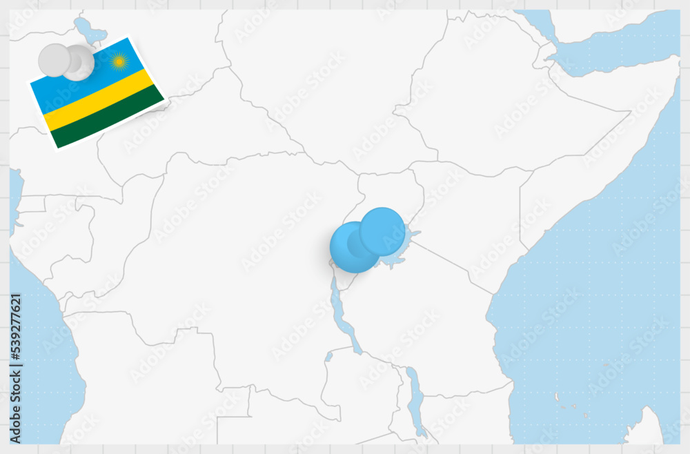 Map of Rwanda with a pinned blue pin. Pinned flag of Rwanda.