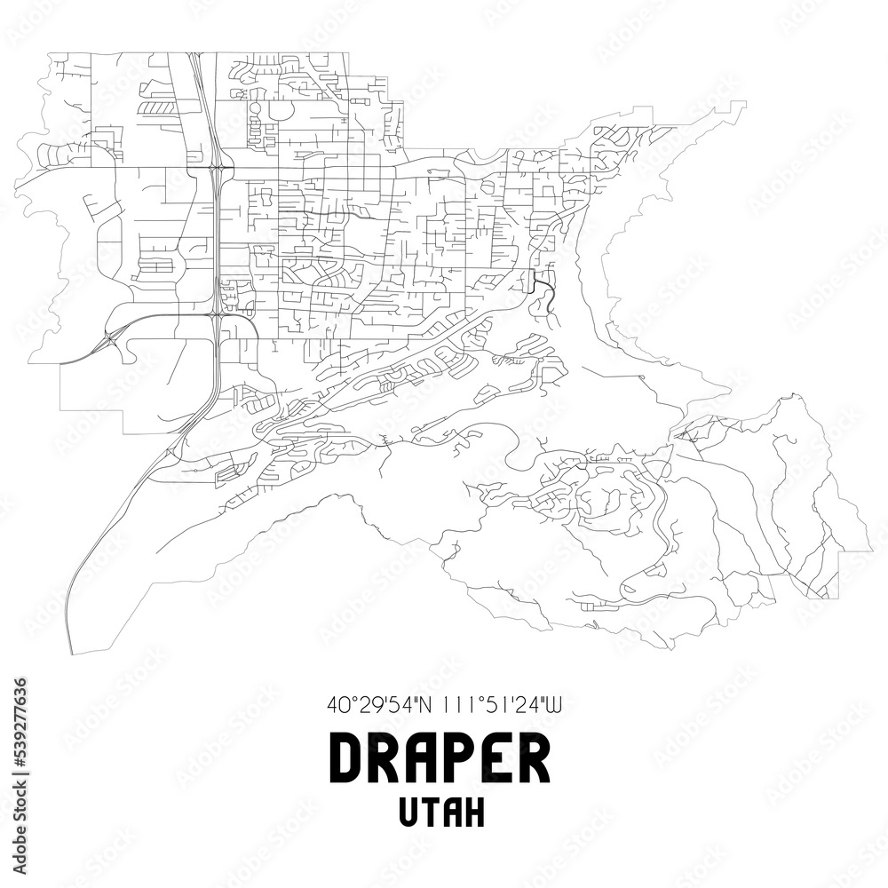 Draper Utah. US street map with black and white lines.