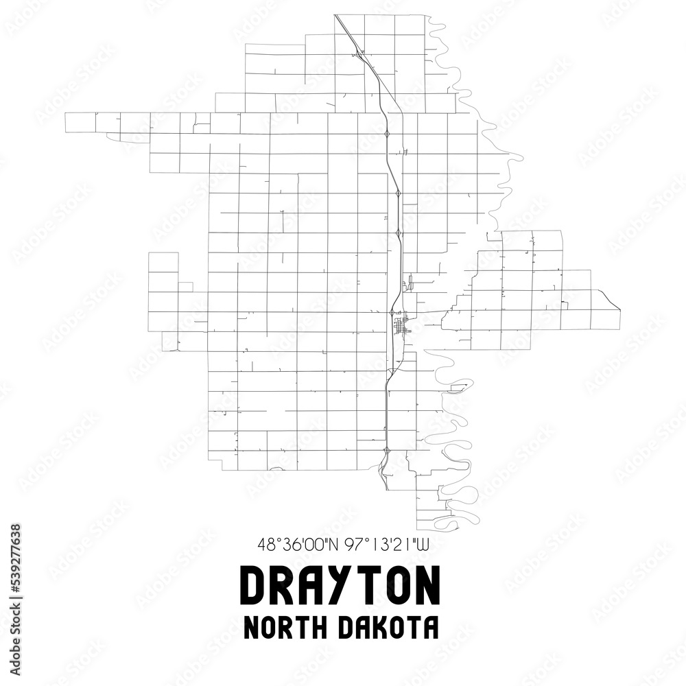 Drayton North Dakota. US street map with black and white lines.
