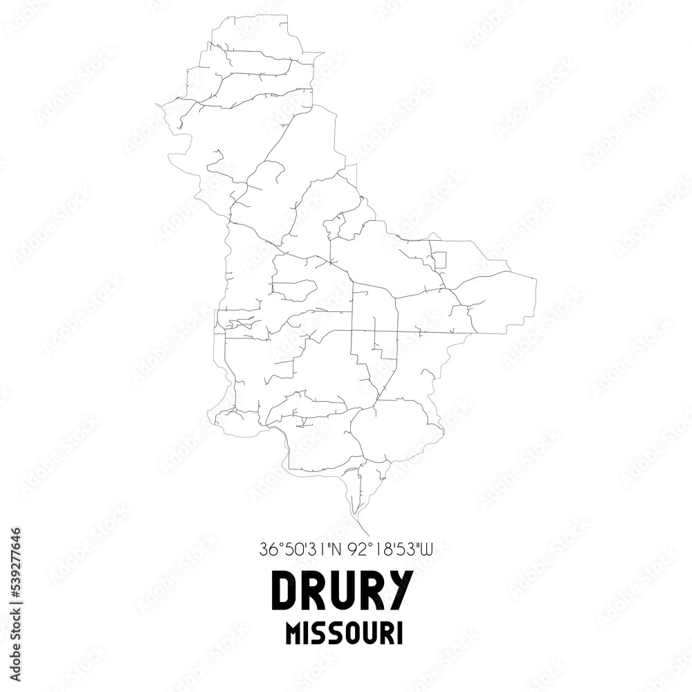 Drury Missouri. US street map with black and white lines. Stock