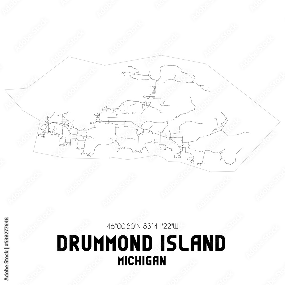 Drummond Island Michigan. US street map with black and white lines.