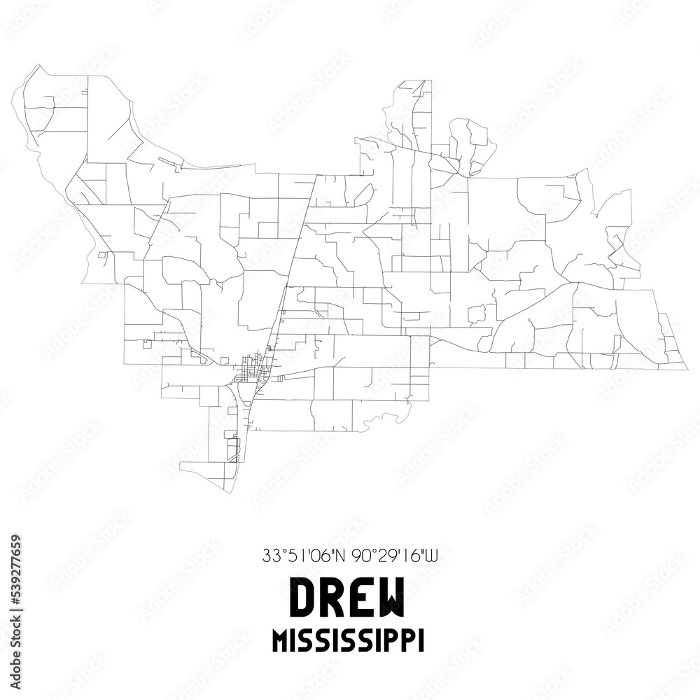 Drew Mississippi. US street map with black and white lines.