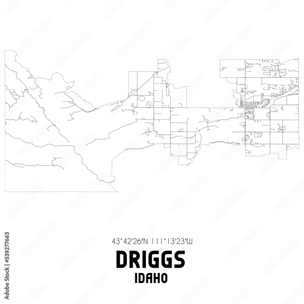 Driggs Idaho. US street map with black and white lines.