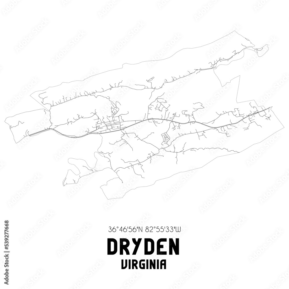 Dryden Virginia. US street map with black and white lines.