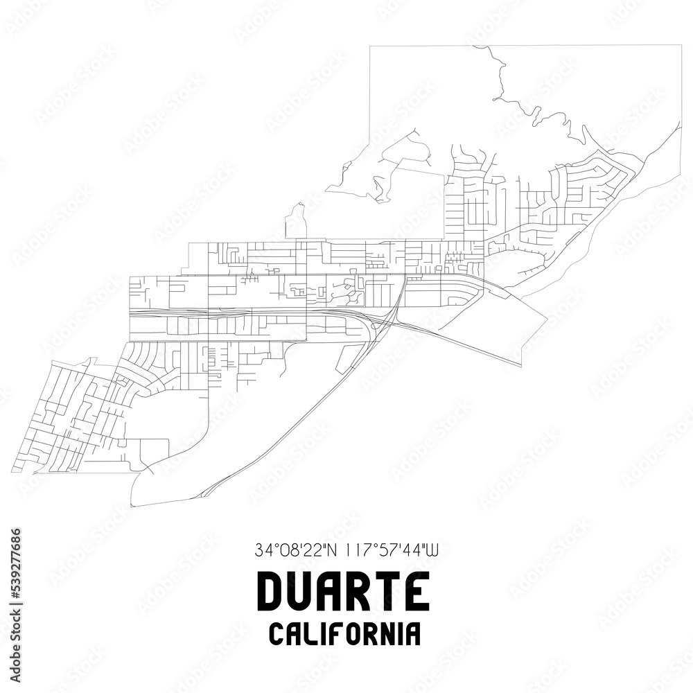 Duarte California. US street map with black and white lines.