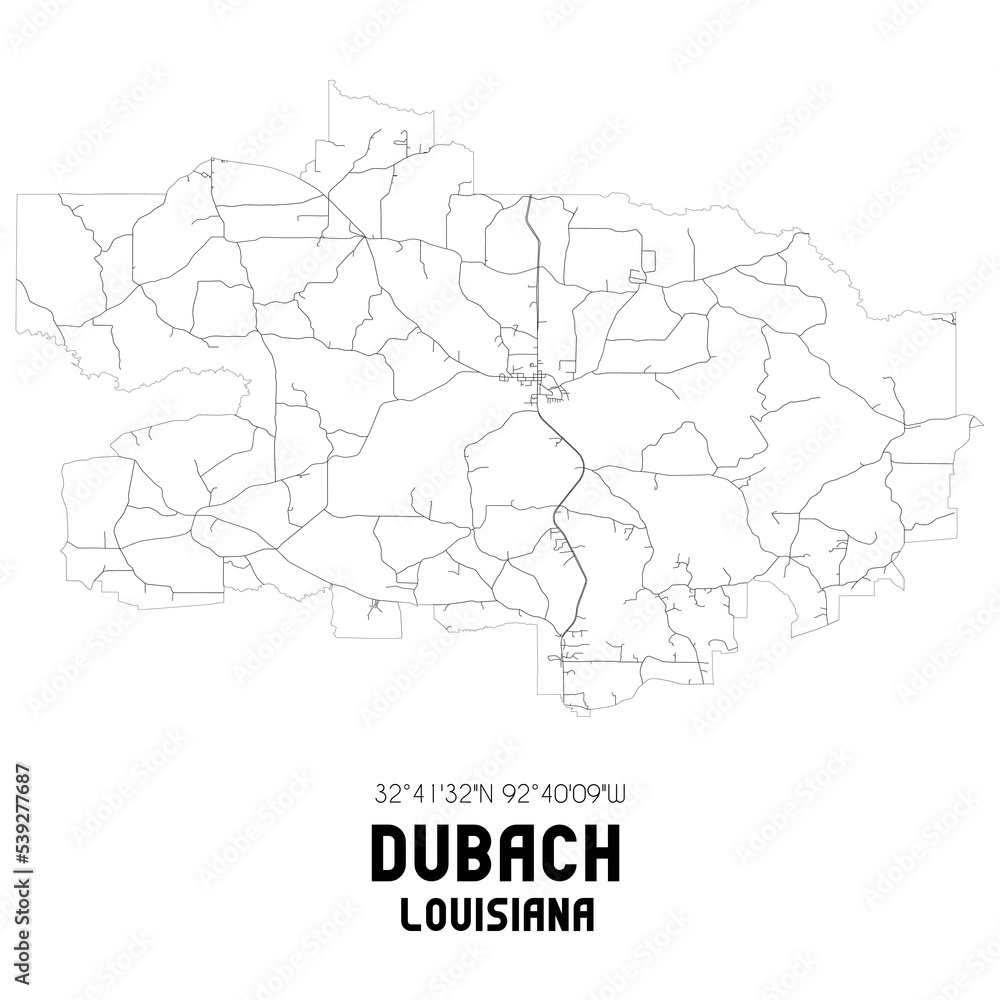Dubach Louisiana. US street map with black and white lines.