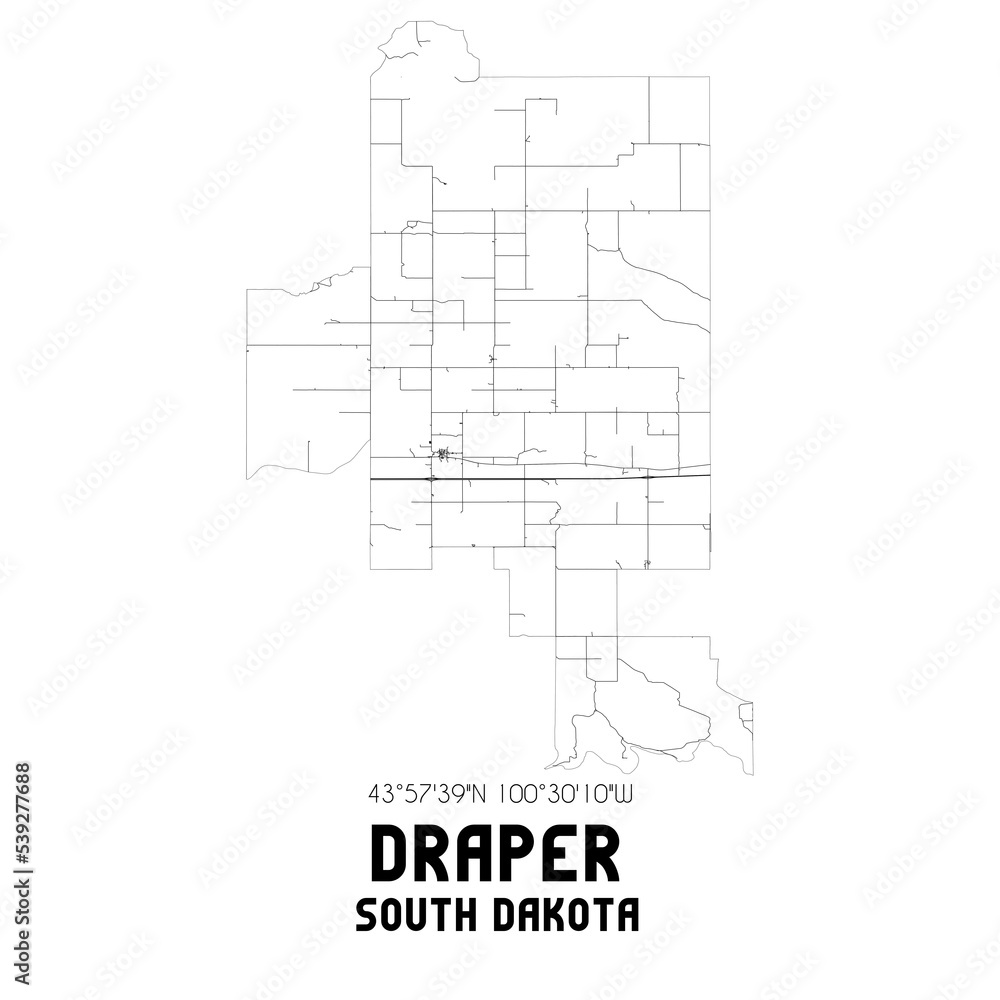 Draper South Dakota. US street map with black and white lines.