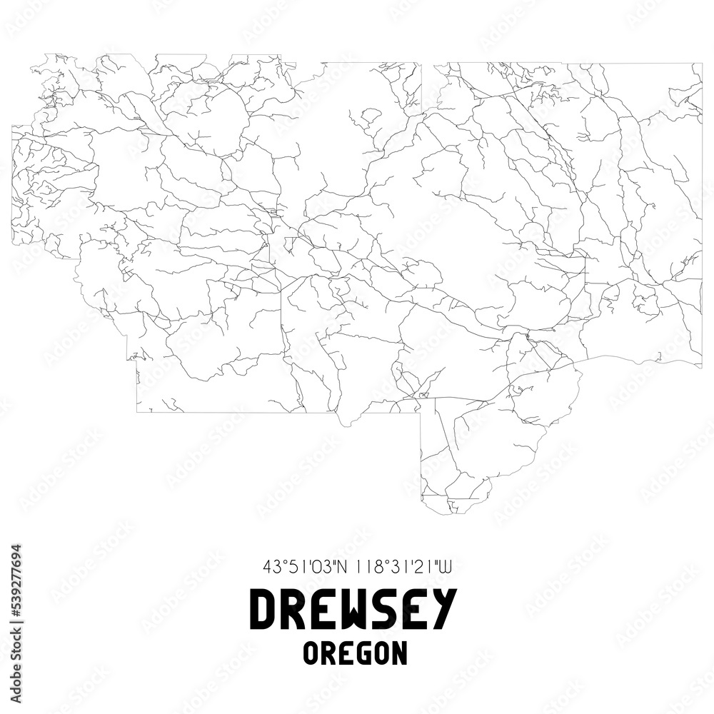 Drewsey Oregon. US street map with black and white lines.