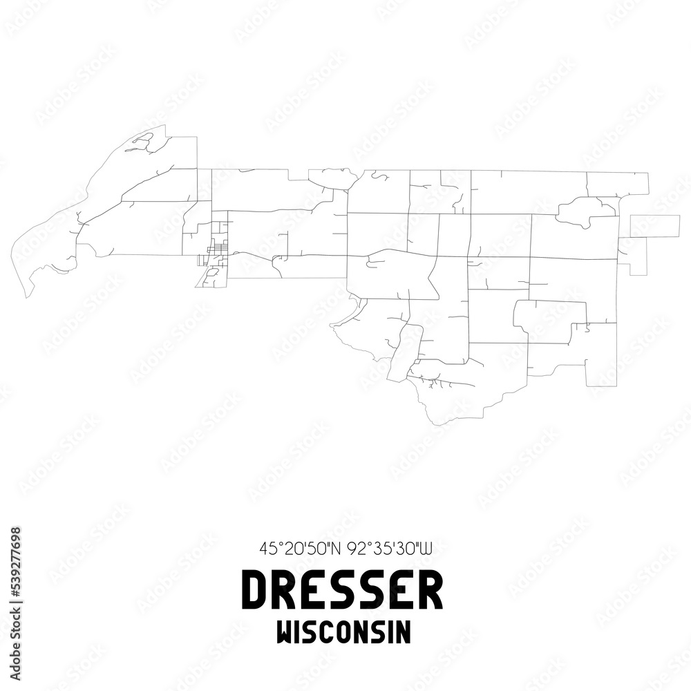 Dresser Wisconsin. US street map with black and white lines.