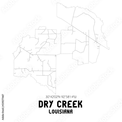 Dry Creek Louisiana. US street map with black and white lines.