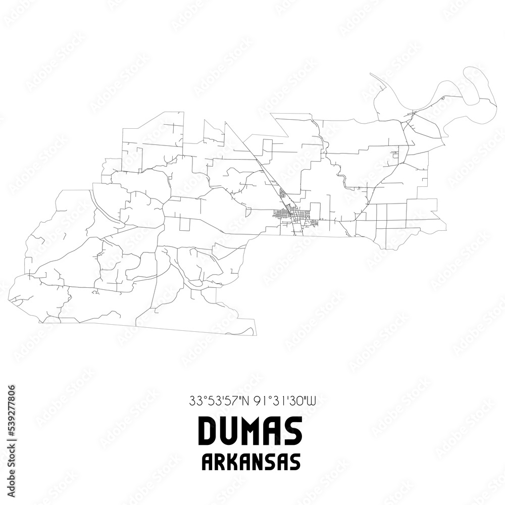 Dumas Arkansas. US street map with black and white lines.