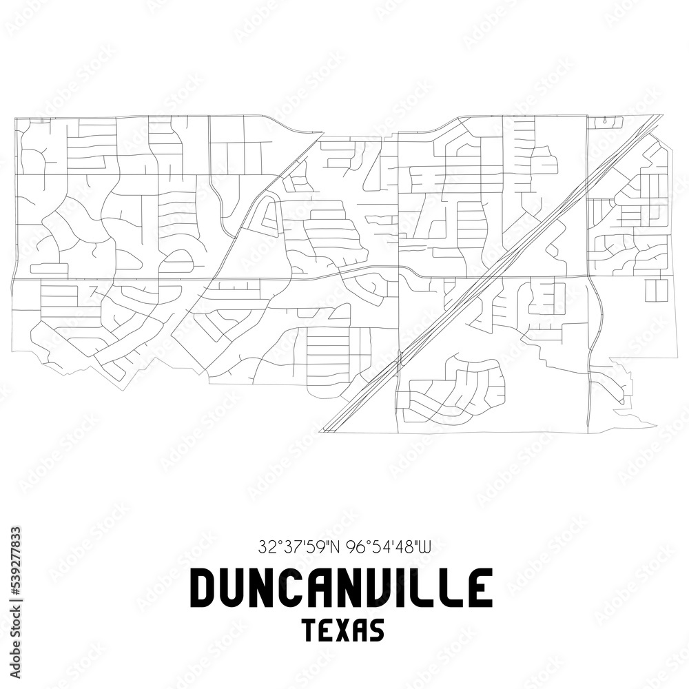 Duncanville Texas. US street map with black and white lines.