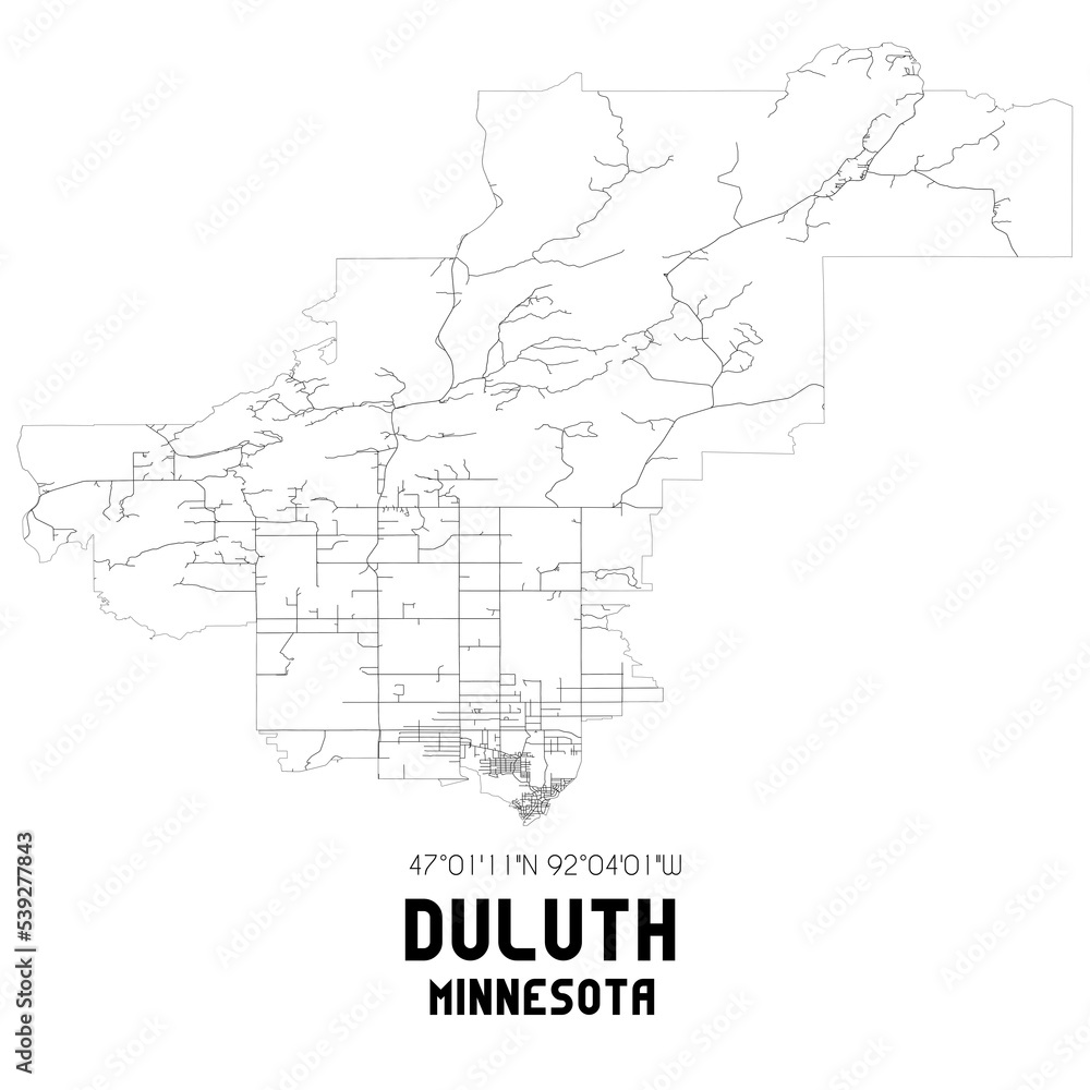 Duluth Minnesota. US street map with black and white lines.